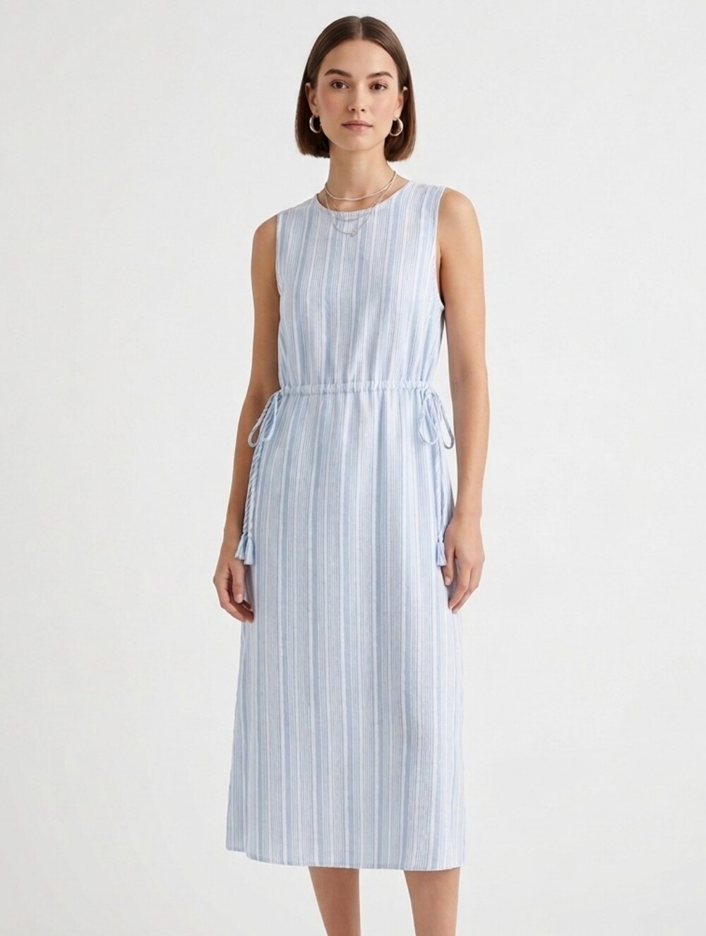 SHEIN Light Blue & White Striped Sleeveless Midi Dress